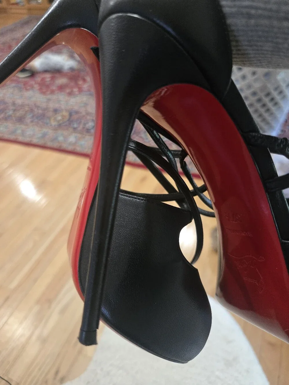 Christian Louboutic Holli Alta Black  Strappy Peep-Toe High Heels with Red Sole